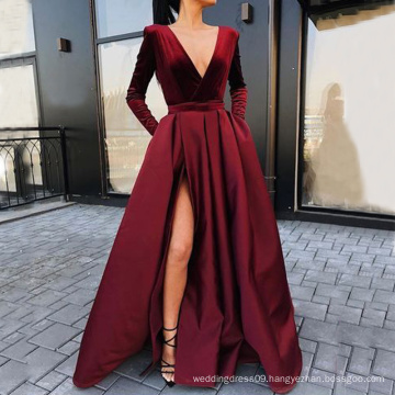 Deep V Neck  Velvet Top Sexy High  Split Burgundy Prom Dresses 2019 Long Sleeves Satin